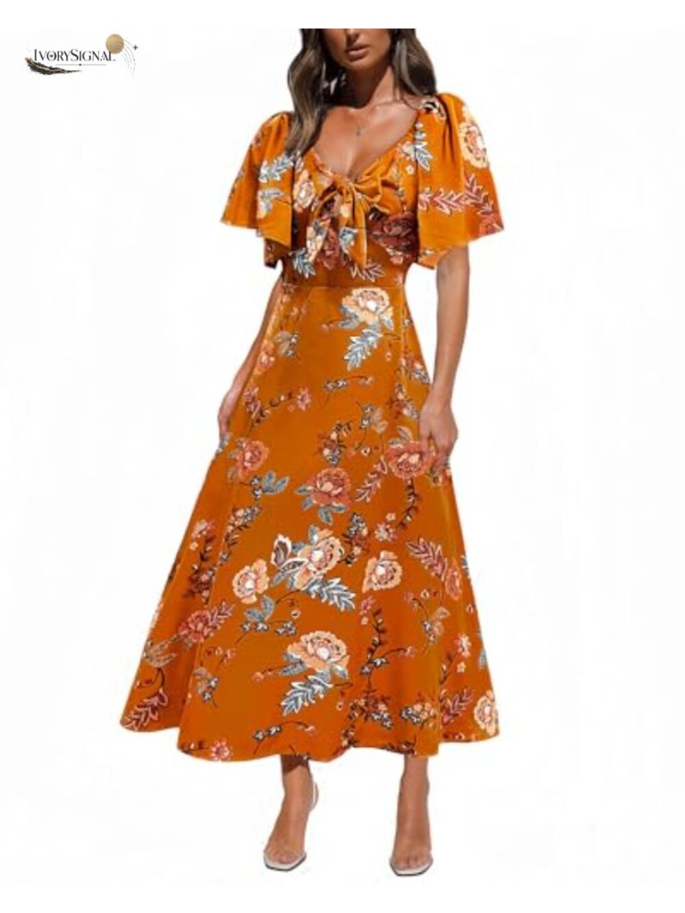 Satin Floral Maxi Dress Tie Front Cap Sleeve Elegant